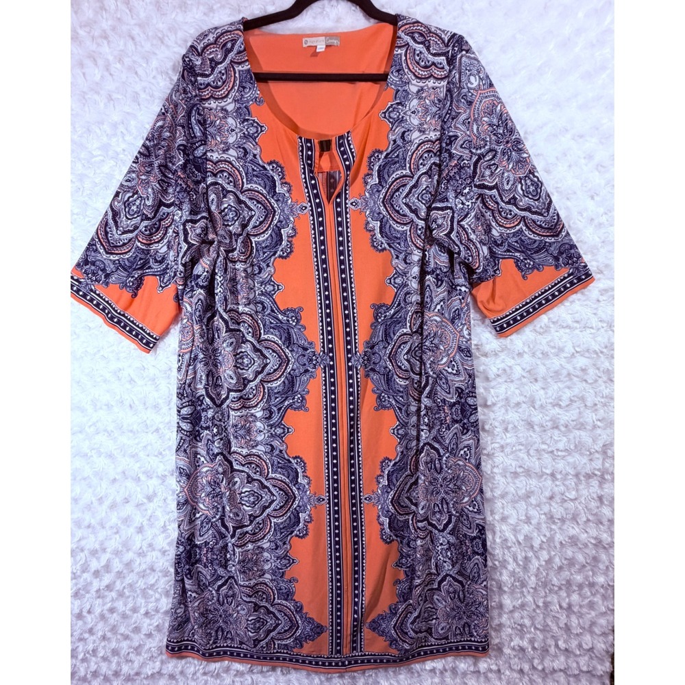 Signature Camryn Women 18W Orange Paisley Medallion Split Neck Half Sleeve Dress